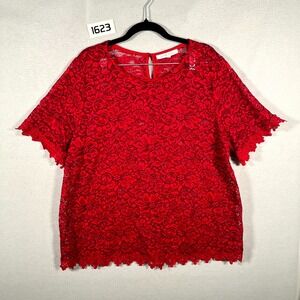 Lynn Ryan Blouse Womens 2X Red Floral Lace Scalloped Hem Keyhole Back Round Neck
